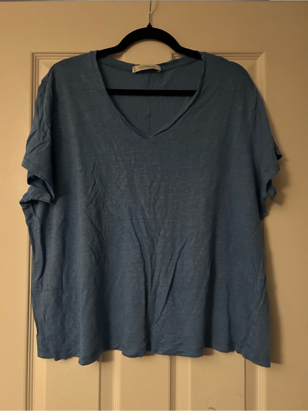 Violetta by Mango Blue V-Neck Linen Feel Tee